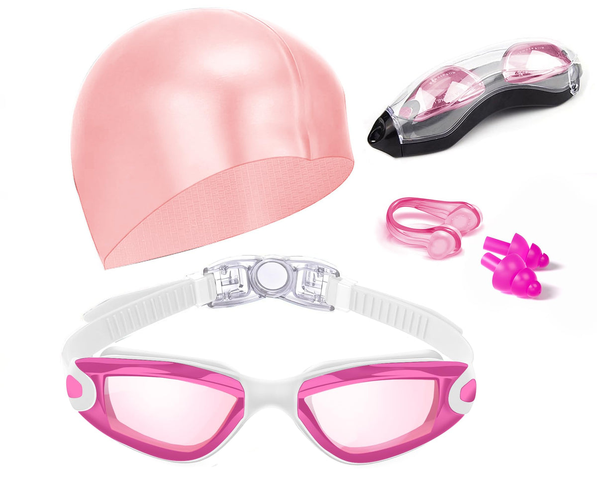 Hurdilen Swim Goggles Set with Cap, Nose Clip & Earplugs