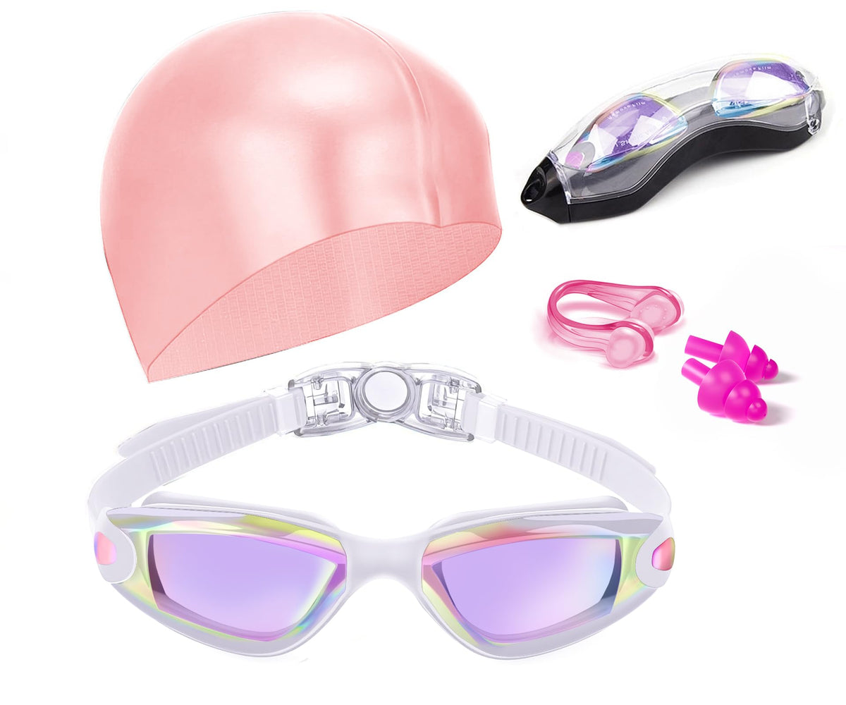Hurdilen Swim Goggles Set with Cap, Nose Clip & Earplugs