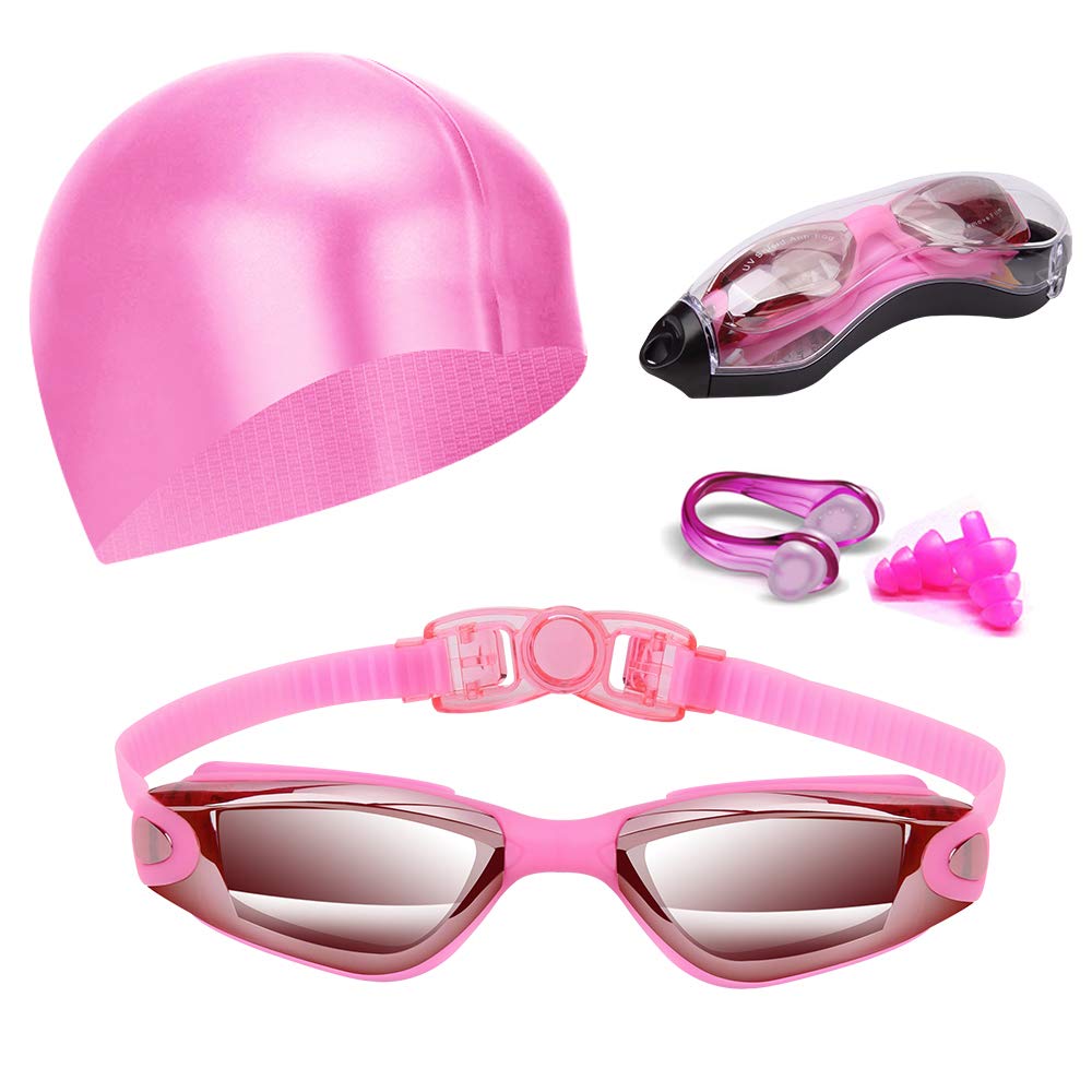 Hurdilen Swim Goggles Set with Cap, Nose Clip & Earplugs