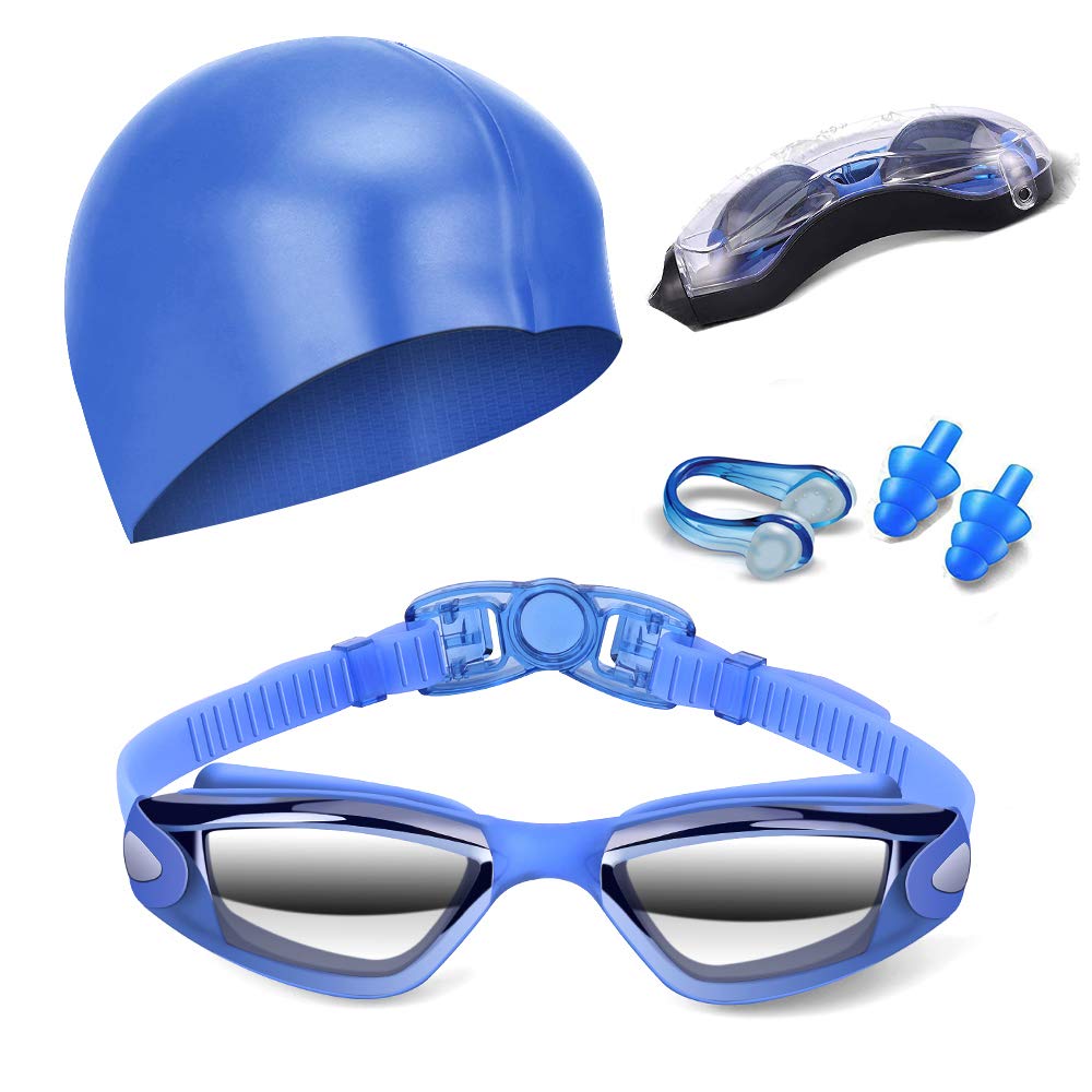 Hurdilen Swim Goggles Set with Cap, Nose Clip & Earplugs