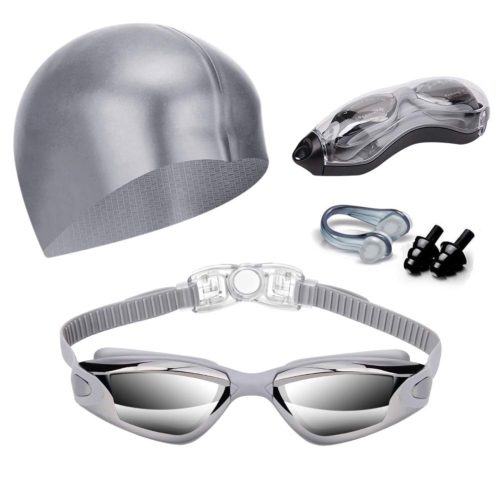 Hurdilen Swim Goggles Set with Cap, Nose Clip & Earplugs