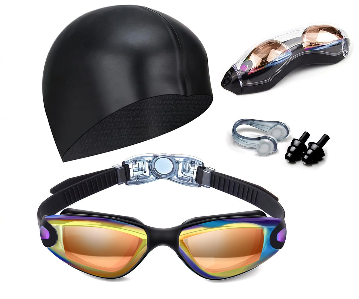 Hurdilen Swim Goggles Set with Cap, Nose Clip & Earplugs