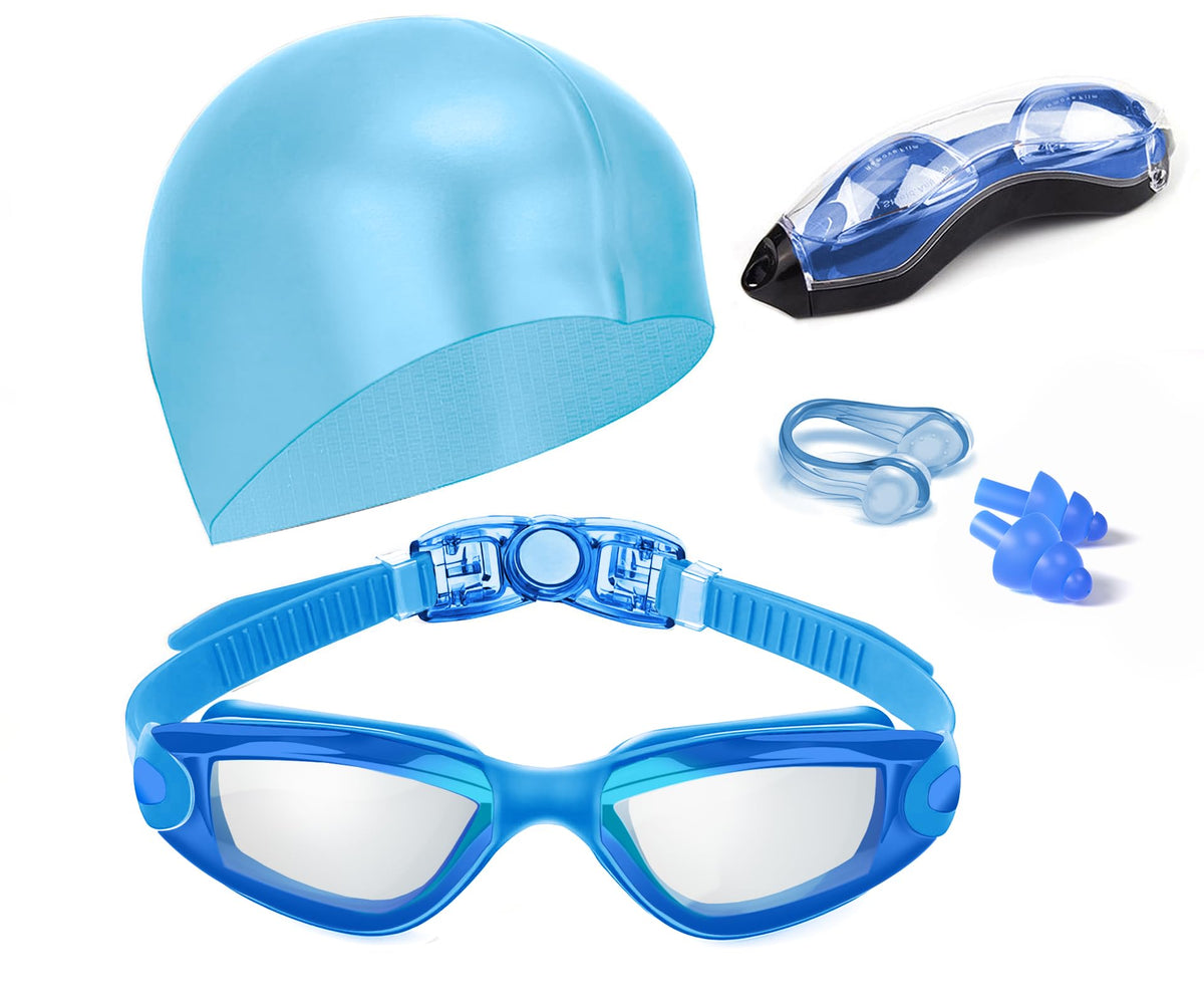 Hurdilen Swim Goggles Set with Cap, Nose Clip & Earplugs