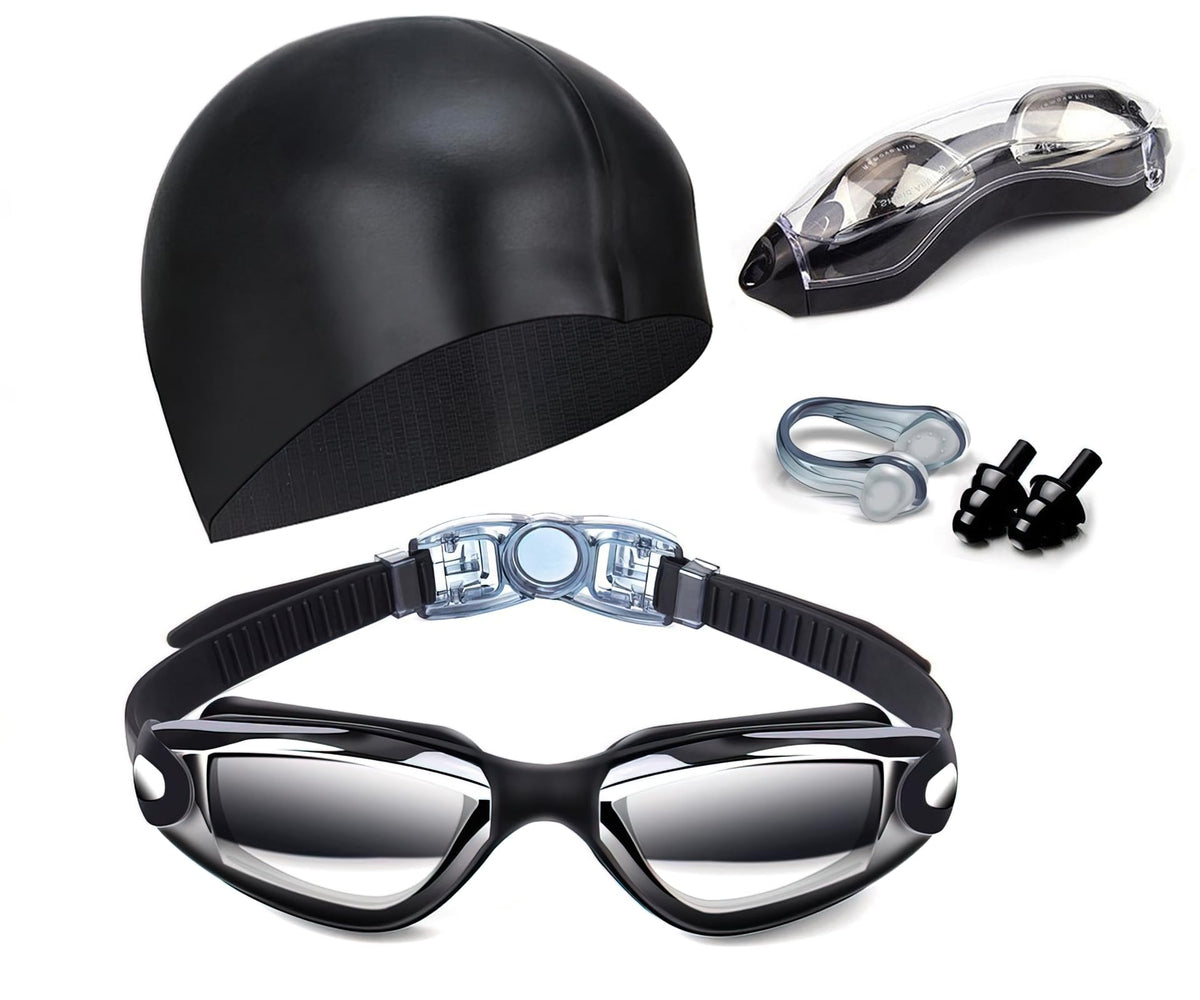 Hurdilen Swim Goggles Set with Cap, Nose Clip & Earplugs