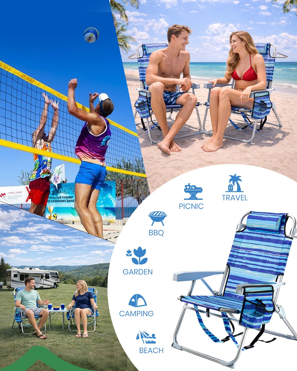 GVDV 4-Position Backpack Beach Chair with Cup Holder