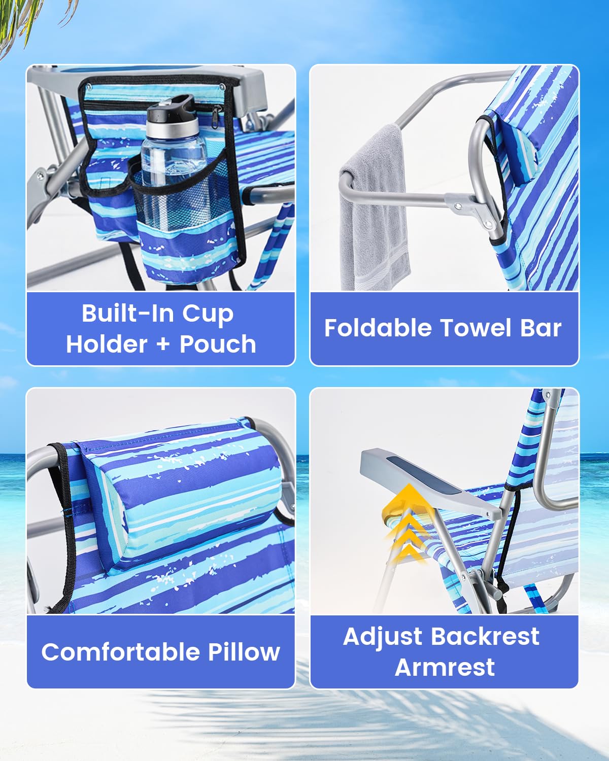 GVDV 4-Position Backpack Beach Chair with Cup Holder