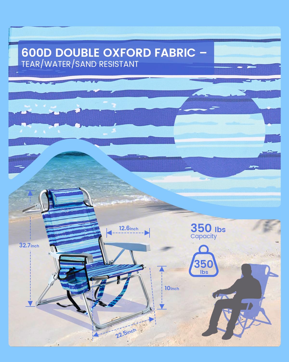 GVDV 4-Position Backpack Beach Chair with Cup Holder