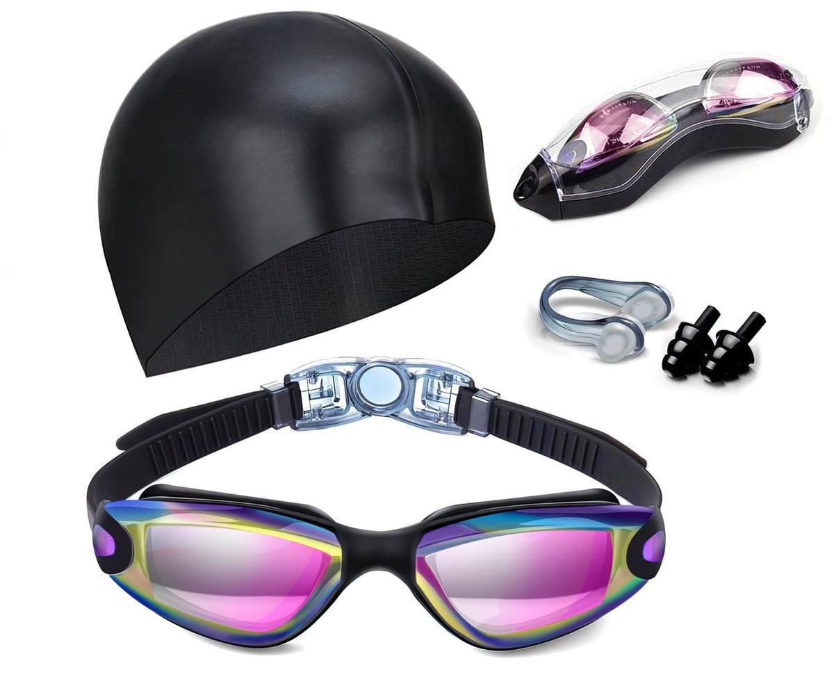 Hurdilen Swim Goggles Set with Cap, Nose Clip & Earplugs