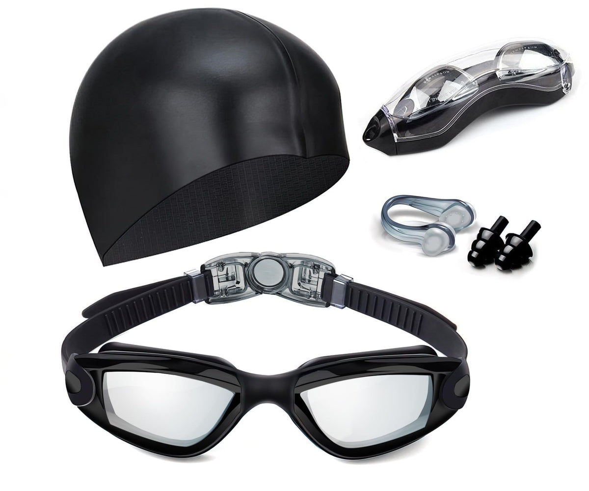 Hurdilen Swim Goggles Set with Cap, Nose Clip & Earplugs