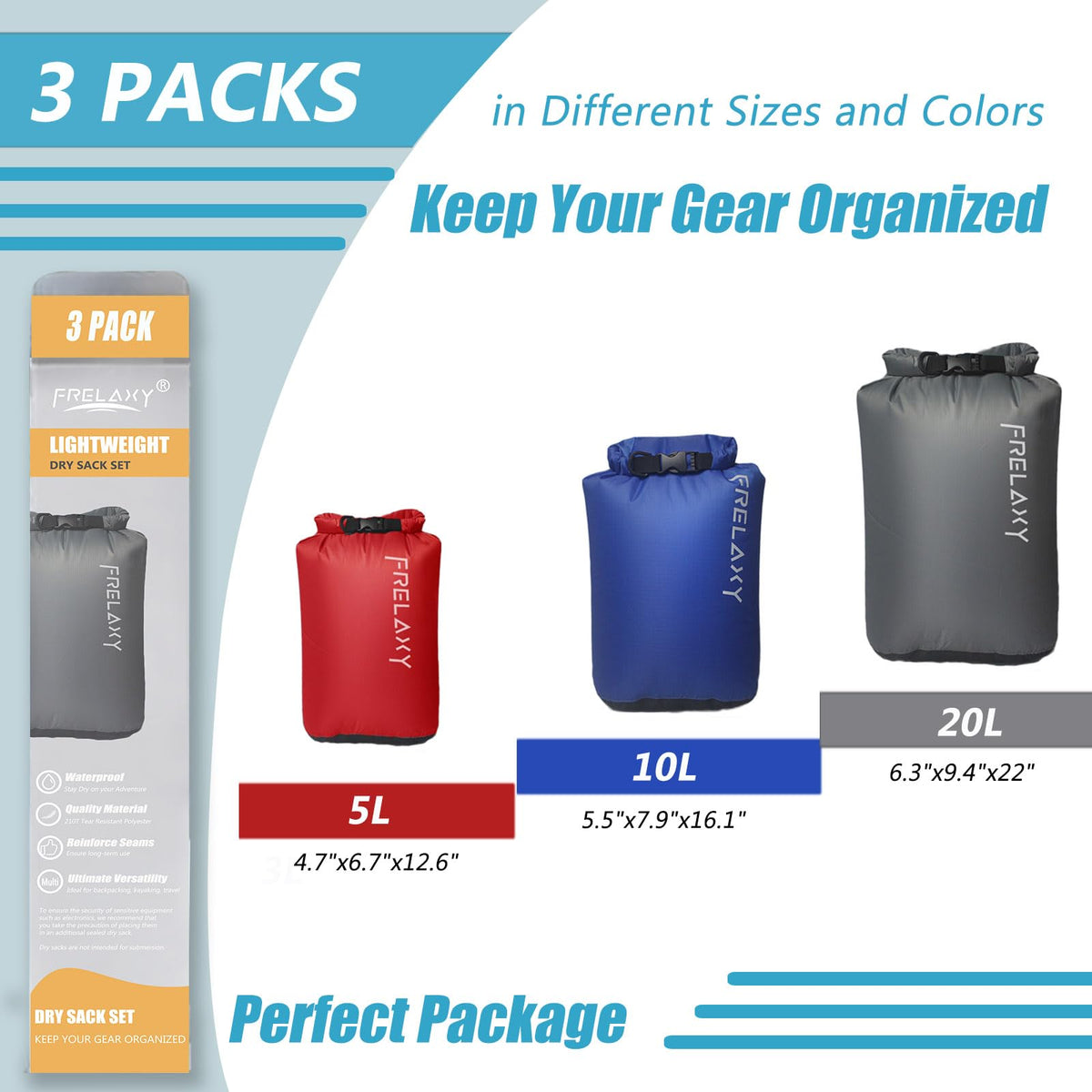 Frelaxy Dry Bag Set, Ultralight Waterproof Dry Sack for Outdoor Adventures