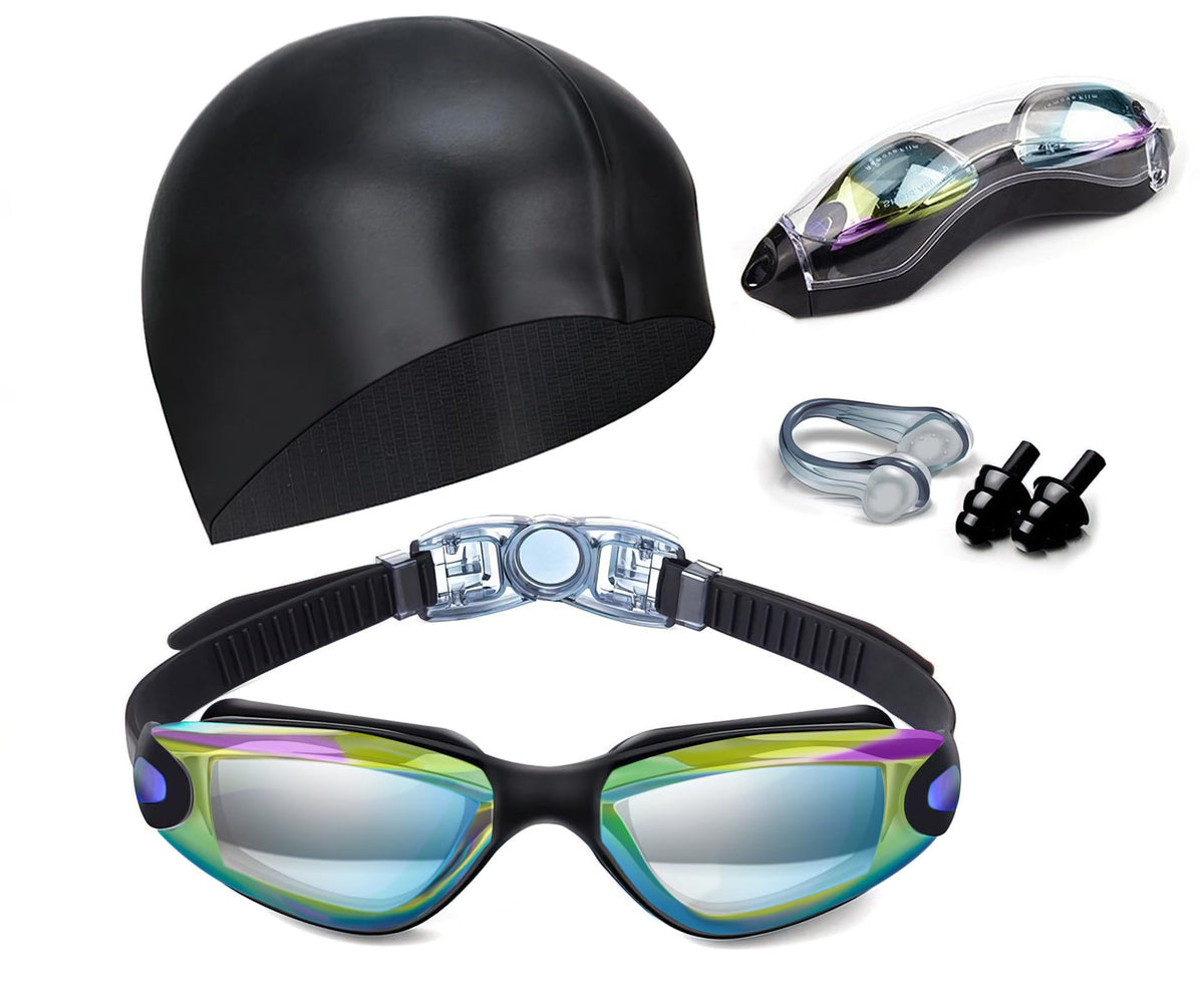 Hurdilen Swim Goggles Set with Cap, Nose Clip & Earplugs