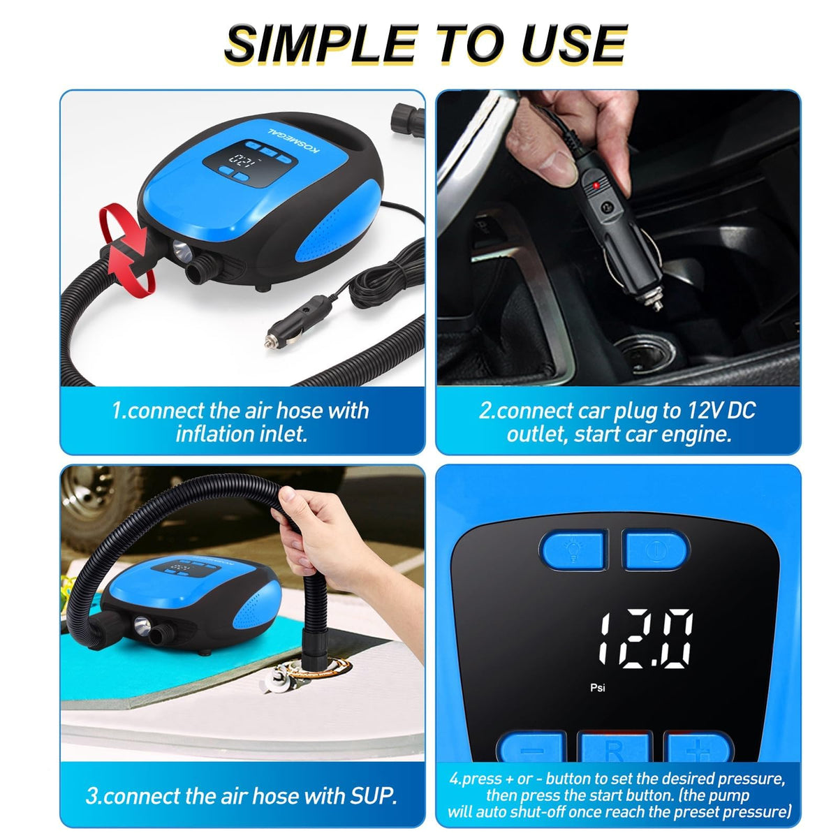KOSMEGAL 20 PSI Electric SUP Pump with Auto-Off & 12V Plug