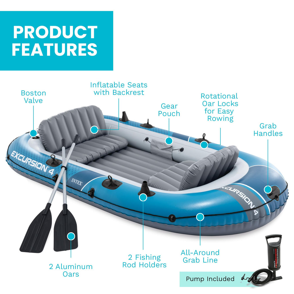 INTEX Excursion 4 Inflatable Boat Set with Oars & Pump