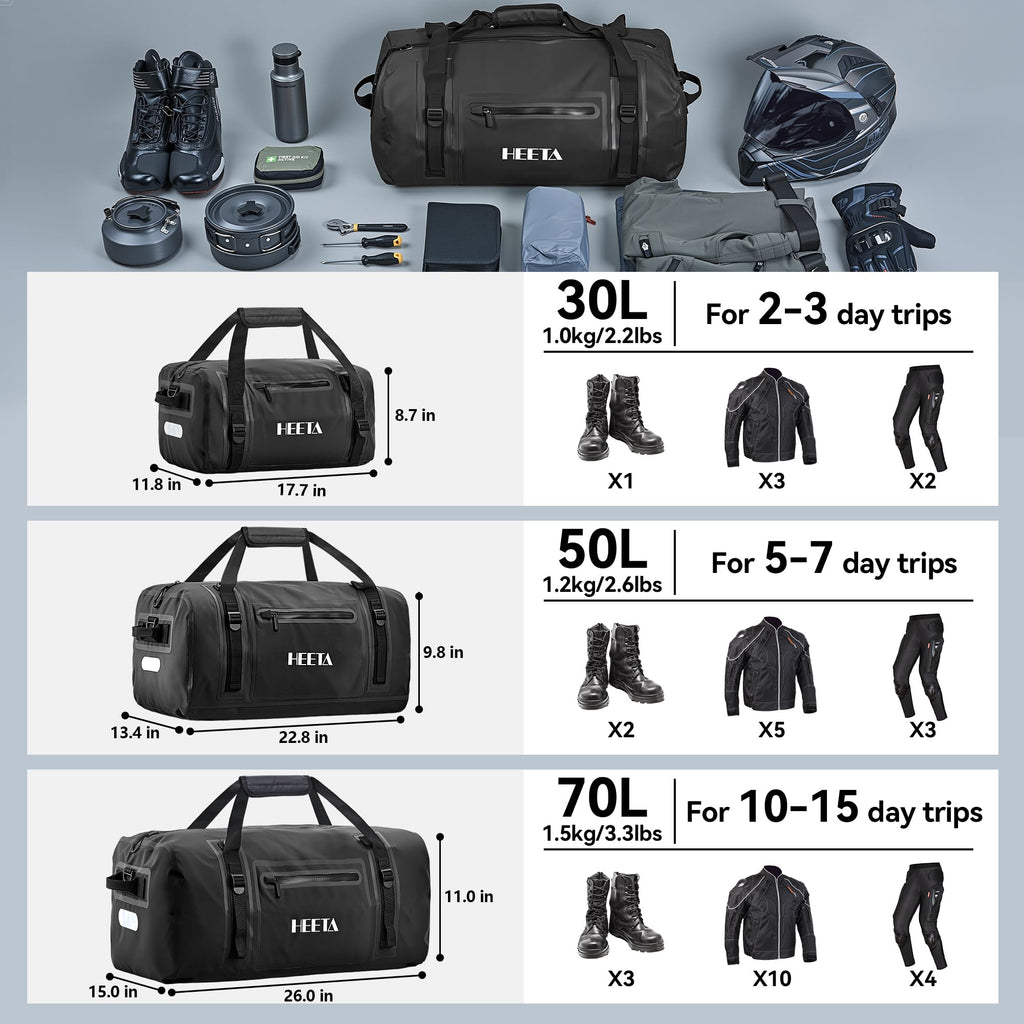HEETA Waterproof Motorcycle Dry Bag Duffel Luggage Travel Bags 30L/50L/70L