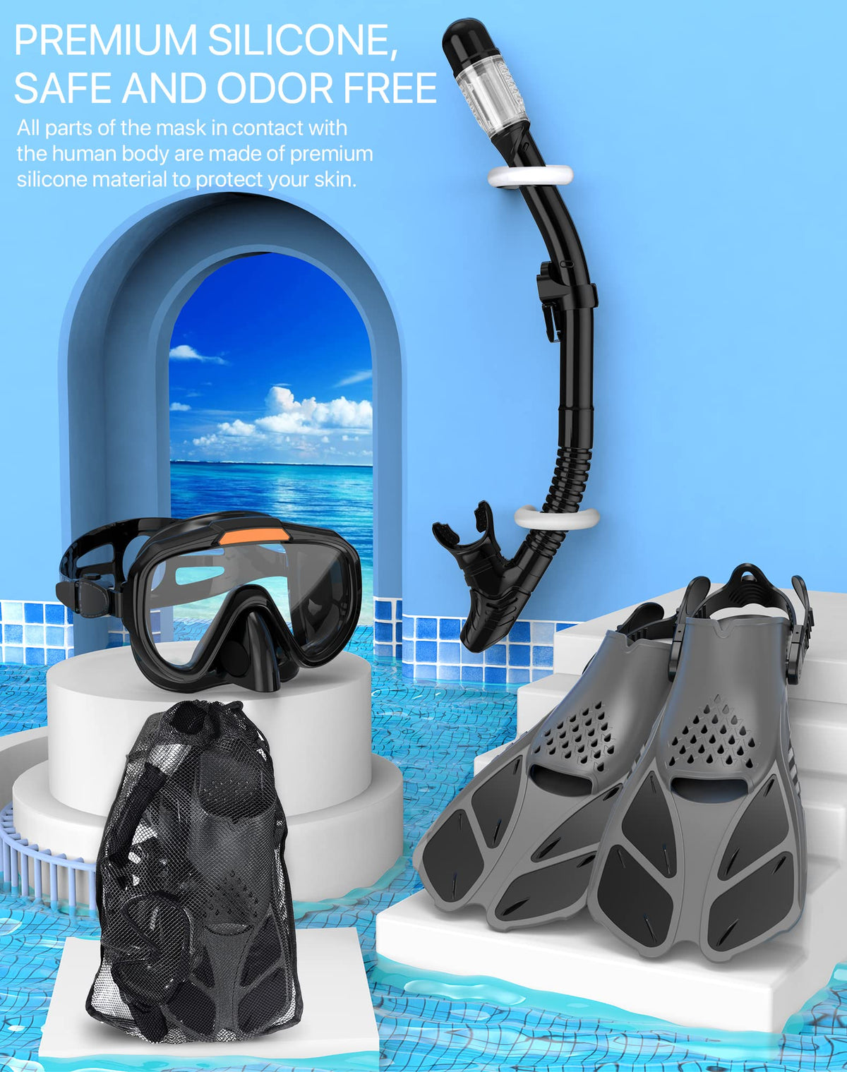 Ubekezele 4-in-1 Adult Snorkeling Gear Set with Mask & Snorkel
