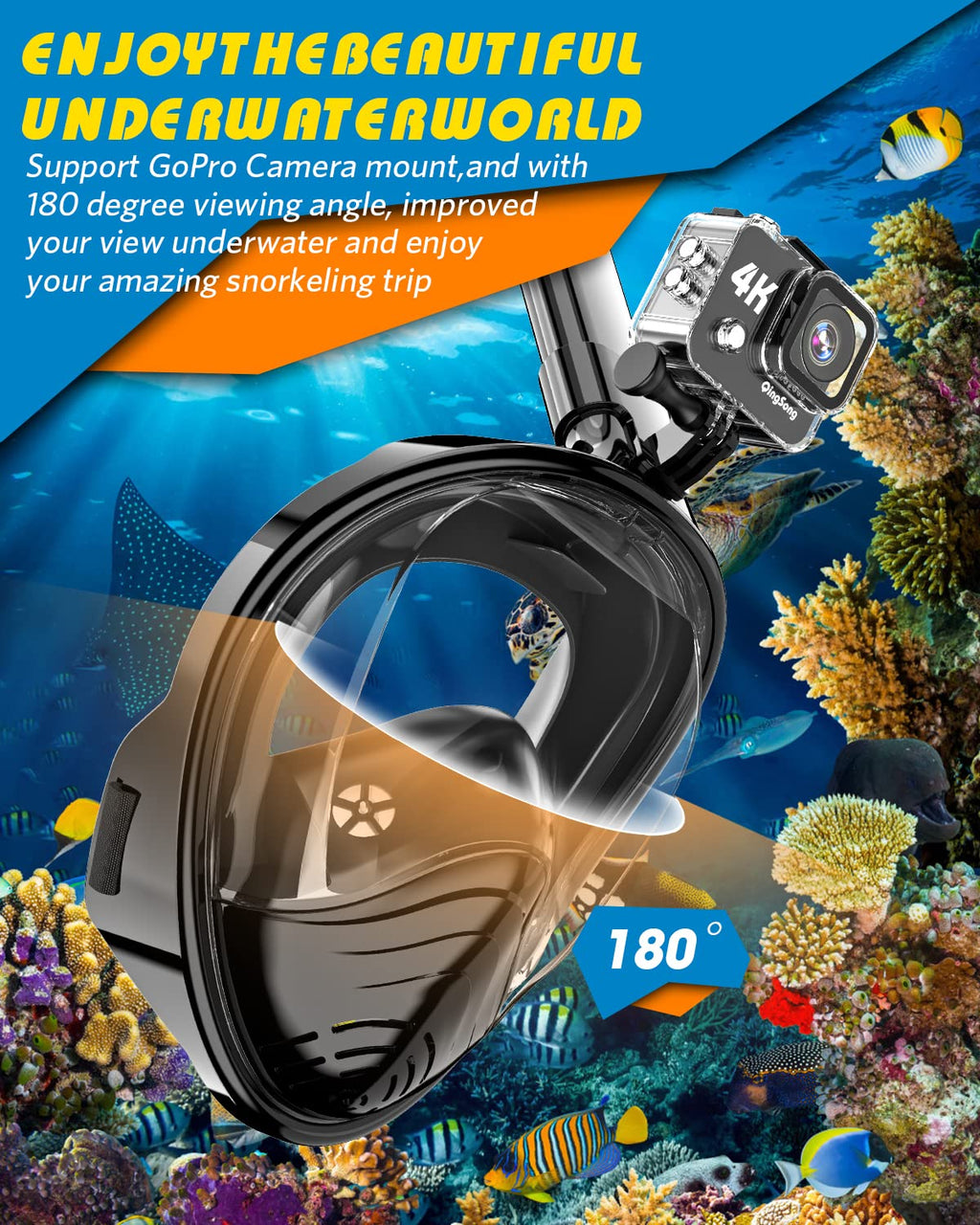QingSong Full-Face Snorkel Mask with 180° View & Camera Mount